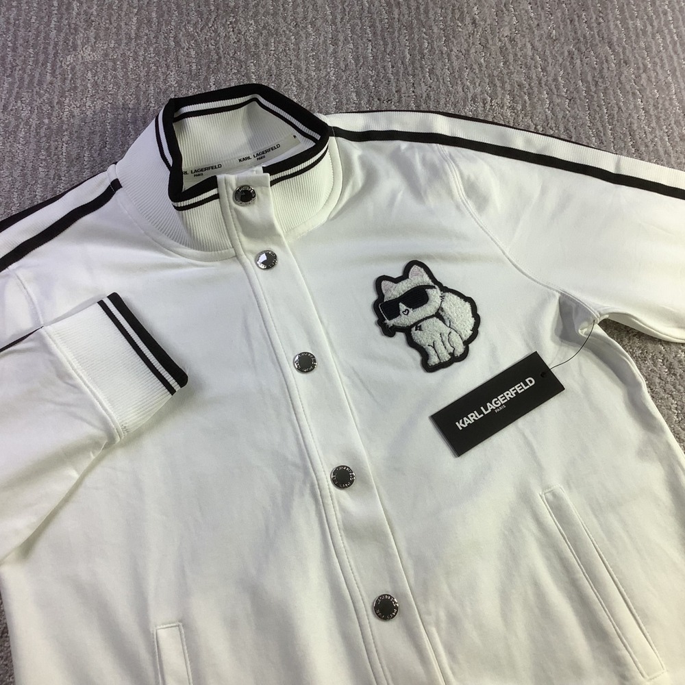 Karl Lagerfeld Paris Womens Choupette Varsity Track Jacket White Size L NWT